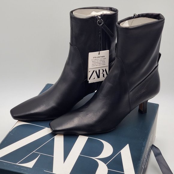 Zara Black Leather Kitten Heel Booties - NWT - Picture 3 of 16